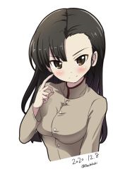 Rule 34 | 1girl, asymmetrical bangs, black eyes, black hair, brown jacket, buchikaki, chi-hatan school uniform, closed mouth, commentary, cropped torso, dated, finger to cheek, girls und panzer, high collar, jacket, long hair, long sleeves, looking at viewer, nishi kinuyo, school uniform, simple background, smile, solo, straight hair, twitter username, upper body, white background