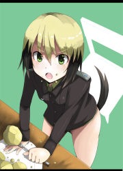 Rule 34 | 1girl, :o, animal ears, blonde hair, eating, erica hartmann, female focus, food, food on face, fork, from above, frown, green eyes, looking up, multicolored hair, open mouth, plate, potato, rosettastone, short hair, solo, strike witches, tail, uniform, world witches series