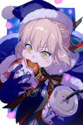 Rule 34 | 1girl, artoria pendragon (all), artoria pendragon (fate), blue gloves, blue santa costume, bow, burger, cape, cheese, christmas, cup, disposable cup, drinking straw, eating, echo (circa), fast food, fate/grand order, fate (series), food, fur-trimmed cape, fur-trimmed headwear, fur trim, gloves, grey hair, hat, holding, holding food, ribbon, santa alter, santa costume, santa hat, sesame seeds, sidelocks, solo, striped ribbon, yellow eyes