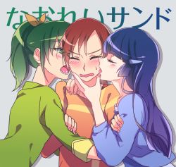 Rule 34 | 10s, 3girls, aoki reika, blue hair, blue shirt, blush, casual, closed eyes, girl sandwich, green eyes, green hair, green shirt, grey background, hand on another&#039;s face, hino akane (smile precure!), licking another&#039;s cheek, licking another&#039;s face, long hair, midorikawa nao, multiple girls, negom, open mouth, orange shirt, ponytail, precure, red hair, sandwiched, shirt, short hair, smile precure!, sweat, tongue, wavy mouth, yuri