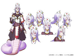 Rule 34 | 1girl, bracelet, breasts, bridal gauntlets, expression chart, full body, hair between eyes, hat, jewelry, lamia, long hair, looking at viewer, monster girl, monster musume no oisha-san, multiple views, nurse cap, official art, pink eyes, purple hair, saphentite neikes, scales, simple background, smile, white background