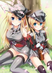 Rule 34 | 10s, 2girls, adapted costume, bare shoulders, bismarck (kancolle), blonde hair, blue eyes, bottle, breasts, cherry blossoms, cross, detached sleeves, hanami, hat, iron cross, japanese clothes, kantai collection, large breasts, long hair, massan, military, military uniform, multiple girls, outdoors, peaked cap, petals, prinz eugen (kancolle), sake bottle, thighhighs, tree, twintails, under tree, uniform