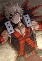Rule 34 | 1boy, bakugou katsuki, bare shoulders, belt, black pants, black shirt, blonde hair, boku no hero academia, bruise, bruise on face, clenched teeth, collarbone, cowboy shot, detached sleeves, explosive, eye mask, grenade, hair ornament, highres, injury, looking at viewer, lying, male focus, mask, mkm (mkm storage), on back, open mouth, pants, pectorals, red eyes, red shirt, serious, shirt, short hair, solo, spiked hair, teeth