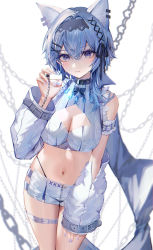 Rule 34 | 1girl, alternate costume, animal ear fluff, animal ears, arm garter, bare shoulders, black choker, blue eyes, blue hair, blue nails, bow, bowtie, breasts, cat ears, chain, choker, claw pose, cleavage, cleavage cutout, closed mouth, clothing cutout, cowboy shot, crop top, detached sleeves, eula (genshin impact), frills, genshin impact, hair ornament, hair over shoulder, hair ribbon, hairband, hairclip, hand on own thigh, hand up, highleg, highres, hip vent, jewelry, kemonomimi mode, large breasts, long hair, long sleeves, looking at viewer, micro shorts, midriff, nail polish, navel, raiya atelier, ribbed shirt, ribbon, ring, shirt, short shorts, shorts, sleeveless, sleeveless shirt, solo, standing, stomach, thigh strap, thighs, white shirt, white shorts, wide sleeves, x hair ornament, zipper