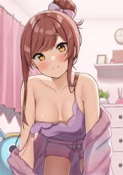 Rule 34 | 1girl, absurdres, all fours, bare shoulders, bedroom, blush, breasts, camisole, clock, collarbone, curtains, drawer, high ponytail, highres, huge filesize, idolmaster, idolmaster shiny colors, incense, indoors, looking at viewer, medium breasts, osaki amana, pajamas, picture frame, plant, ponytail, potted plant, red hair, robe, shelf, sidelocks, sleepwear, smile, solo, strap slip, striped robe, wanimaru, yellow eyes