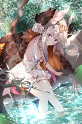 Rule 34 | 1girl, armlet, bare shoulders, belt, blush, bracelet, breasts, circe (fate), circe (fate) (cosplay), circlet, cosplay, fate/grand order, fate/kaleid liner prisma illya, fate (series), feathered wings, hair between eyes, head wings, highres, illyasviel von einzbern, jewelry, lens flare, light rays, long hair, looking at viewer, necklace, pei iriya, pointy ears, red eyes, shirt, sidelocks, sitting, skirt, sleeveless, sleeveless shirt, small breasts, soaking feet, solo, staff, thighlet, thighs, water, white hair, white shirt, white skirt, wings