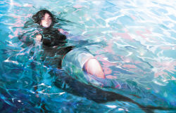 Rule 34 | 1girl, absurdres, afloat, bad id, bad pixiv id, bare shoulders, black hair, black sweater, breasts, commentary request, freckles, full body, half-closed eyes, highres, huge filesize, long hair, looking away, medium breasts, mermaid, miniskirt, monster girl, nanase miri, original, parted lips, partially submerged, pencil skirt, skirt, sleeveless, solo, sweater, turtleneck, turtleneck sweater, water, water surface, wet, wet clothes, wet hair, wet skirt, wet sweater, white skirt