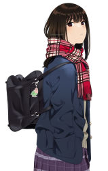 Rule 34 | 1girl, bag, black hair, black jacket, brown sweater, fringe trim, hand in pocket, jacket, looking at viewer, looking to the side, mattaku mousuke, open clothes, open jacket, original, plaid, plaid scarf, pleated skirt, purple skirt, red eyes, red scarf, scarf, school bag, school uniform, simple background, skirt, solo, sweater, twitter username, watermark, white background