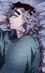 Rule 34 | 1boy, arm pillow, bed sheet, black hair, closed mouth, douma (kimetsu no yaiba), flipped hair, from above, grey hair, hamiko (hakogardenmiko), highres, japanese clothes, kimetsu no yaiba, kimono, long hair, long sleeves, looking at viewer, lying, male focus, medium hair, multicolored eyes, multicolored hair, night, on bed, on side, peaceful smile, print hair, profile, rainbow eyes, red hair, smile, solo, streaked hair, text in eyes, twitter username, upper body