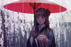 Rule 34 | 1girl, blue kimono, blunt bangs, brown eyes, brown hair, closed mouth, commentary request, floral print, flower, hair flower, hair ornament, holding, holding umbrella, japanese clothes, kalua, kimono, long hair, looking at viewer, oil-paper umbrella, original, pink umbrella, rain, red flower, sash, smile, solo, tree, umbrella, water