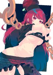 Rule 34 | 1girl, black shirt, blush, breasts, chain, closed mouth, clothes lift, clothes pull, clothes writing, gold chain, groin, hat, hecatia lapislazuli, highres, long hair, medium breasts, multicolored clothes, multicolored skirt, navel, no bra, penglai tea, pixel art, red eyes, red hair, shirt, shirt lift, short sleeves, simple background, skirt, skirt pull, solo, sweat, t-shirt, touhou, underboob, undressing