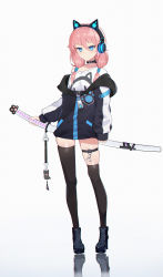 Rule 34 | 1girl, absurdres, animal ears, asymmetrical legwear, bare shoulders, black choker, black footwear, black thighhighs, blue eyes, boots, chinese commentary, choker, expressionless, fake animal ears, full body, hair between eyes, hair ornament, headphones, highres, holding, holding weapon, hood, hoodie, katana, low twintails, orange hair, original, paw print, reflection, scabbard, sheath, shirt, simple background, solo, standing, sword, thigh strap, thighhighs, thighs, twintails, weapon, white background, yinori, zipper