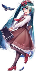 Rule 34 | 1girl, :d, absurdres, aqua hair, bird, black pantyhose, blue eyes, blue feathers, blue hair, blush, bow, brown dress, collared shirt, dress, feathers, frilled dress, frills, gradient hair, hair between eyes, hair bow, hatsune miku, highres, holding, leaning back, leg up, long hair, marutenmaruten, mary janes, medium dress, multicolored hair, necktie, open mouth, pantyhose, pinafore dress, red bow, red footwear, red necktie, shirt, shoes, simple background, sleeveless dress, smile, solo, standing, sweatdrop, twintails, very long hair, vocaloid, white background, white shirt, wing collar