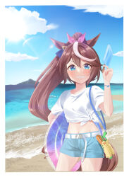 Rule 34 | 1girl, absurdres, alternate costume, animal ears, beach, belt, blue eyes, blue shorts, blue sky, blush, border, bracelet, breasts, brown hair, cloud, cloudy sky, commentary request, cowboy shot, food, gakeumi, grin, hair between eyes, highres, holding, holding food, holding popsicle, horse ears, horse girl, horse tail, innertube, jewelry, looking at viewer, multicolored hair, ocean, outdoors, ponytail, popsicle, sand, shirt, short sleeves, shorts, sky, small breasts, smile, solo, streaked hair, swim ring, tail, tied shirt, tokai teio (umamusume), umamusume, water, water gun, white belt, white border, white hair, white shirt