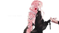 Rule 34 | 1girl, black dress, blush, braid, commentary, dress, english commentary, fingernails, flower, from side, grey eyes, hair flower, hair ornament, half-closed eyes, highres, hand grab, jewelry, lipstick, long hair, makeup, original, pigeon666, pink flower, pink hair, red flower, red lips, ring, simple background, single braid, smile, solo focus, very long hair, white background