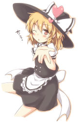 Rule 34 | 1girl, apron, black dress, blonde hair, blowing kiss, blush, braid, dress, female focus, hat, heart, kirisame marisa, lock heart (juuryokudou), one eye closed, open mouth, outstretched hand, red eyes, solo, touhou, white background, wink, witch, witch hat