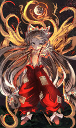 Rule 34 | 1girl, absurdres, baggy pants, bow, casting spell, clenched hand, closed mouth, collared shirt, commentary, dirty, dirty face, embers, fire, floating hair, footwear bow, fujiwara no mokou, full body, full moon, grey hair, grey shirt, hair bow, highres, light particles, long hair, long sleeves, looking at viewer, magic, moon, outstretched arm, pants, reaching, reaching towards viewer, red bow, red pants, serious, shirt, shoes, solo, straight-on, suspenders, sutaku77224, touhou, two-tone bow, very long hair, white bow, yellow eyes