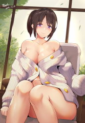 Rule 34 | 1girl, absurdres, bare legs, bare shoulders, blush, breasts, brown hair, cardigan, chair, cleavage, closed mouth, collarbone, commentary request, dated, feet, highres, indoors, knees together feet apart, leaf, looking at viewer, medium breasts, navel, original, ponytail, purple eyes, sidelocks, signature, sitting, smile, solo, thighs, tree, unbuttoned, white cardigan, window, youl