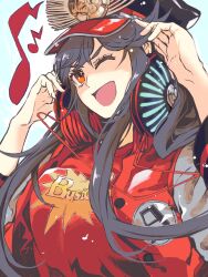 Rule 34 | 1girl, buster shirt, family crest, fate/grand order, fate (series), hair between eyes, hat, hazama555sasami, headphones, headphones around neck, jacket, letterman jacket, long hair, looking at viewer, military hat, musical note, oda nobunaga (fate), oda nobunaga (swimsuit berserker) (fate), oda nobunaga (swimsuit berserker) (first ascension) (fate), oda uri, open mouth, peaked cap, red eyes, simple background, smile, solo, upper body, white background