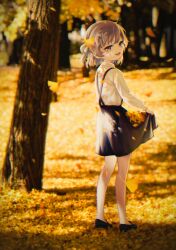 Rule 34 | 1girl, absurdres, autumn leaves, blurry, blurry background, brown eyes, brown hair, chromatic aberration, collared shirt, colored inner hair, commentary request, criss-cross suspenders, dappled sunlight, day, falling leaves, fangs, floating hair, from behind, full body, ginkgo leaf, ginkgo tree, grey hair, hatoba tsugu, highres, leaf, loafers, long sleeves, looking at viewer, medium hair, mikemomonga, multicolored hair, open mouth, outdoors, pantyhose, photo background, shirt, shirt tucked in, shoes, single hair ring, skirt, skirt basket, skirt hold, smile, solo, standing, sunlight, suspender skirt, suspenders, tsugu (vtuber), virtual youtuber, white pantyhose, white shirt, yellow theme