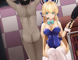 Rule 34 | 1girl, ass, bdsm, black hair, blonde hair, blue archive, blue eyes, blue leotard, bow, bowtie, breasts, cleavage, detached collar, femdom, gin (shioyude), hair bow, halo, highres, large breasts, leotard, microphone, paddle, playboy bunny, rabbit ears, sitting, thighhighs, toki (blue archive), toki (bunny) (blue archive), white thighhighs, wrist cuffs
