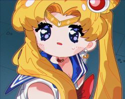 Rule 34 | 1girl, bishoujo senshi sailor moon, blonde hair, blue sailor collar, choker, chya, crescent, crescent earrings, derivative work, diadem, earrings, hair over shoulder, highres, jewelry, long hair, meme, open mouth, outline, parted bangs, red choker, sailor collar, sailor moon, sailor moon redraw challenge (meme), screenshot redraw, solo, tsukino usagi, twintails, upper body, white outline