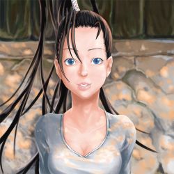 Rule 34 | 1girl, arms behind back, black hair, blue eyes, breasts, casual, cleavage, forehead, hair ribbon, hair slicked back, high ponytail, ibuki (street fighter), lips, looking at viewer, nose, ribbon, solo, street fighter, upper body, v-neck