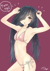 Rule 34 | 1girl, bikini, black hair, breasts, brown eyes, commentary request, cowboy shot, grin, hair over one eye, halterneck, hayashimo (kancolle), holding, holding hair, kantai collection, long hair, looking at viewer, nagi (shunsuke-manage), purple background, side-tie bikini bottom, signature, small breasts, smile, solo, string bikini, swimsuit, very long hair