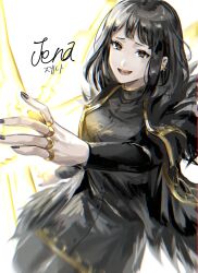 Rule 34 | 1girl, black cape, black dress, black eyes, black hair, cape, character name, cowboy shot, dress, gold trim, hand up, highres, jewelry, library of ruina, long sleeves, looking at viewer, multiple rings, na-gyou (nunumaru), open mouth, project moon, ring, smile, solo, zena (project moon)