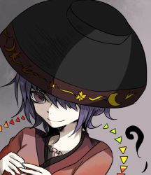 Rule 34 | 1girl, bad id, bad pixiv id, bowl, bowl hat, breasts, crescent moon, fingers together, grey background, hair over one eye, hat, japanese clothes, kiliko-san, kimono, light, looking at viewer, moon, purple eyes, purple hair, short hair, sketch, smile, solo, sukuna shinmyoumaru, touhou, upper body