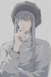 Rule 34 | 1boy, androgynous, expressionless, hand on own face, hat, highres, hunter x hunter, kite (hunter x hunter), long hair, long sleeves, shirt, simple background, turtleneck, upper body, very long hair, white background, white hair, white shirt, ybmghj222