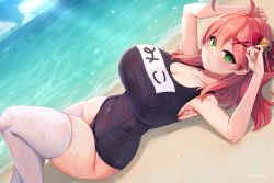 Rule 34 | 1girl, ahoge, beach, black one-piece swimsuit, blush, breasts, caustics, cleavage, covered navel, dutch angle, feet out of frame, female focus, green eyes, hololive, horizon, large breasts, long hair, looking at viewer, lying, marota, ocean, on back, one-piece swimsuit, outdoors, pink hair, sakura miko, solo, swimsuit, thick thighs, thighhighs, thighs, virtual youtuber, water, white thighhighs