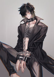Rule 34 | 1boy, absurdres, barefoot, black hair, black jacket, black pants, chained wrists, chain, collar, collarbone, feet out of frame, grey background, highres, jacket, looking at viewer, male focus, mao mao wansui, medium hair, pants, scar, scar on chest, simple background, slow damage, towa (slow damage)