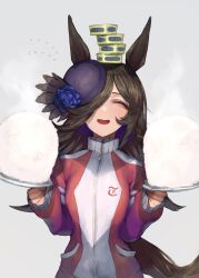 Rule 34 | 1girl, absurdres, animal ears, blue flower, blue rose, box on head, brown hair, closed eyes, commentary request, facing viewer, flower, flying sweatdrops, hair over one eye, highres, holding, holding plate, horse ears, jacket, long hair, long sleeves, open mouth, plate, purple headwear, rice, rice shower (umamusume), rose, simple background, smile, solo, tilted headwear, tonariuta, tracen training uniform, track jacket, umamusume, upper body, white background