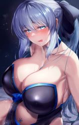 Rule 34 | 1girl, absurdres, after kiss, alternate breast size, black ribbon, blue eyes, blue hair, blush, braid, breasts, cleavage, clothing cutout, collarbone, curvy, dress, fate/grand order, fate (series), french braid, hair between eyes, hair ribbon, highres, hirasawa seiji, huge breasts, long hair, looking at viewer, morgan le fay (fate), morning, navel, navel cutout, ponytail, pubic tattoo, revealing clothes, ribbon, saliva, saliva trail, sidelocks, sitting, solo, steaming body, stomach, sweat, tattoo, thighs, tongue, tongue out