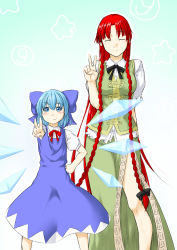 Rule 34 | circled 9, 2girls, blue eyes, blue hair, blush, bow, bowtie, braid, china dress, chinese clothes, cirno, dress, closed eyes, hair bow, hand on own hip, highres, hong meiling, ice, ice wings, long hair, multiple girls, niwatazumi, no headwear, no headwear, red hair, short hair, side slit, sketch, smile, touhou, twin braids, v, very long hair, vest, wings