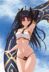 Rule 34 | 1girl, arm behind head, arm up, armpits, bandeau, bare shoulders, bikini, black bikini, black bow, black hair, blue sky, bow, breasts, bsmycc, closed mouth, cowboy shot, day, detached sleeves, earrings, fate/grand order, fate (series), gluteal fold, hair bow, heavenly boat maanna, highres, hoop earrings, ishtar (fate), jewelry, long hair, looking at viewer, medium breasts, mismatched bikini, navel, outdoors, parted bangs, red eyes, single detached sleeve, sky, smile, solo, stomach, straight hair, strapless, strapless bikini, swimsuit, thigh gap, tube top, two side up, very long hair, white bikini