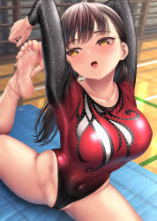 Rule 34 | 1girl, arms up, athletic leotard, bare legs, barefoot, blush, breasts, brown hair, covered navel, feet, gymnast leotard, highres, indoors, kase daiki, large breasts, leotard, long hair, long sleeves, looking away, mole, mole under mouth, open mouth, original, soles, solo, very long hair, wooden floor, yellow eyes