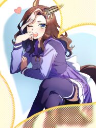 Rule 34 | 1girl, animal ears, artist logo, blue eyes, blush, bow, bowtie, brown hair, crossed legs, daring heart (umamusume), dated, ear covers, feet out of frame, heart, highres, horse ears, horse girl, horse tail, invisible chair, long hair, long sleeves, looking at viewer, multicolored hair, omotil, one eye closed, open mouth, purple shirt, purple thighhighs, sailor collar, school uniform, shirt, single ear cover, sitting, smile, solo, streaked hair, tail, thighhighs, tracen school uniform, umamusume, watermark