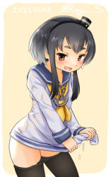 Rule 34 | 1girl, black hair, black pantyhose, brown eyes, clothes pull, commentary request, contrapposto, cowboy shot, dated, hat, headgear, kantai collection, mini hat, neckerchief, one-hour drawing challenge, pantyhose, pantyhose pull, ray.s, shirt, short hair, short hair with long locks, sidelocks, smokestack hair ornament, solo, standing, thick eyebrows, tied shirt, tokitsukaze (kancolle), twitter username, two-tone background, wringing clothes, yellow neckerchief