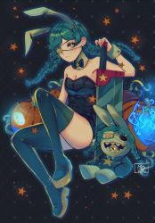Rule 34 | 1girl, 2020, alternate costume, animal ears, annie (skullgirls), annie (skullgirls) (cosplay), awee, blush, boots, bow, bowtie, braid, cosplay, eyepatch, fake animal ears, fire, flat chest, green footwear, green hair, halloween, highres, holding, holding weapon, jack-o&#039;-lantern, leotard, playboy bunny, rabbit ears, sagan (skullgirls), sitting, skullgirls, space, star (sky), star (symbol), sword, thigh boots, thighhighs, twin braids, twintails, weapon, yellow eyes