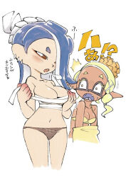 Rule 34 | 2girls, blonde hair, blue hair, blush, bra, breasts, breasts squeezed together, breath, chest sarashi, collarbone, dark-skinned female, dark skin, ear piercing, fang, fangs, frye (splatoon), hair over one eye, inkling player character, japanese text, large breasts, multiple girls, muramasa mikado, navel, nintendo, octoling player character, open mouth, panties, piercing, pointy ears, red eyes, sarashi, shiver (splatoon), splatoon (series), splatoon 3, surprised, sweatdrop, tentacle hair, torn clothes, torn panties, underwear, undressing, white background