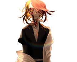 Rule 34 | 1other, androgynous, asymmetrical hair, blonde hair, broken, crack, expressionless, gem, gem uniform (houseki no kuni), glowing, glowing hair, hair over one eye, houseki no kuni, lab coat, looking at viewer, multicolored hair, off shoulder, red hair, rutile (houseki no kuni), short hair, solo, two-tone hair, ultracat, upper body, white background, yellow eyes