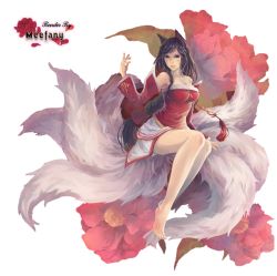 Rule 34 | 1girl, ahri (league of legends), animal ears, artist request, bare legs, barefoot, black hair, braid, breasts, cleavage, detached sleeves, feet, female focus, flower, fox ears, fox tail, league of legends, long hair, long sleeves, looking at viewer, multiple tails, single braid, sitting, skirt, tail, white skirt, yellow eyes