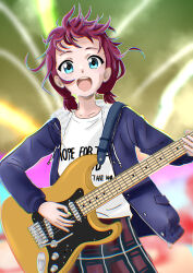 Rule 34 | 1girl, absurdres, blue eyes, blue jacket, chromatic aberration, commentary request, floating hair, girls band cry, highres, holding, holding plectrum, iiko (mesida), iseri nina, jacket, long sleeves, looking at viewer, open clothes, open jacket, open mouth, playing guitar, plectrum, red hair, red skirt, shirt, short twintails, skirt, smile, solo, twintails, upper body, white shirt