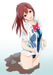 Rule 34 | 10s, 1girl, :d, blue one-piece swimsuit, blush, bow, bowtie, competition swimsuit, cowboy shot, dress shirt, free!, from side, gradient background, head tilt, high ponytail, long hair, looking at viewer, matsuoka gou, nylon (nylon 100%), one-piece swimsuit, open clothes, open mouth, open shirt, parted bangs, ponytail, red eyes, red hair, school swimsuit, school uniform, shirt, short sleeves, smile, soaking feet, solo, standing, swimsuit, swimsuit under clothes, wading, water, wet, wet clothes, wet shirt, white shirt, wing collar, yabitu040