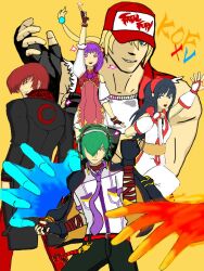 Rule 34 | 2girls, 3boys, ainu clothes, arm up, asamiya athena, baseball cap, black hair, blue eyes, breasts, chinese clothes, crossover, fatal fury, fingerless gloves, gloves, hair over one eye, hat, headphones, index finger raised, jacket, leg up, legs, looking at viewer, looking back, medium breasts, multiple boys, multiple girls, nakoruru, necktie, open clothes, open jacket, open mouth, pants, purple eyes, purple hair, red hair, samurai spirits, serious, shaded face, short hair, smile, snk, terry bogard, the king of fighters, the king of fighters xv, thighs, weapon, yagami iori