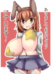 Rule 34 | 1girl, akeome, animal ears, bouncing breasts, breasts, brown eyes, brown hair, female focus, gainaxing, happy new year, heart pasties, huge breasts, lap, looking at viewer, miniskirt, navel, new year, nira, no bra, open clothes, open mouth, open shirt, pasties, pleated skirt, rabbit (chinese zodiac), rabbit ears, shirt, skirt, smile, solo, standing, thigh gap, thighhighs, thighs, translated, unaligned breasts