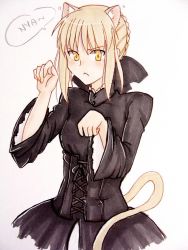 Rule 34 | 1girl, animal ears, artoria pendragon (fate), blonde hair, braid, cat ears, cat tail, corset, fate/stay night, fate (series), french braid, gothic lolita, kemonomimi mode, lolita fashion, marker (medium), paw pose, saber (fate), saber alter, short hair, solo, tail, traditional media, tusia, yellow eyes