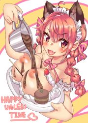 Rule 34 | 1girl, animal ears, arm up, artist request, blush, bow, braid, breast hold, breast press, breast rest, breasts, carried breast rest, carrying, cat ears, cat girl, chocolate, chocolate on body, chocolate on breasts, cream, english text, exhibitionism, fang, food, food on body, fruit, kaenbyou rin, large breasts, long hair, looking at viewer, maid, maid headdress, nipples, open mouth, plate, public indecency, red eyes, red hair, seductive smile, smile, solo, strawberry, thick eyebrows, touhou, valentine
